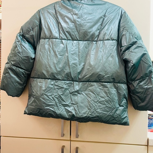 Zara Green Clover Metallic Waterproof Puffer Jacket Size 9 134 Cm Zip Coat - Picture 2 of 7